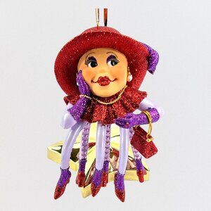 Red Hat Society Lady Octopus Christmas Ornament with Jewelry and Handbag Glitter